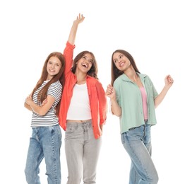 Photo of Portrait of happy friends on white background
