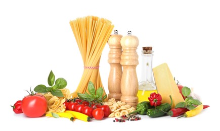 Photo of Different types of pasta and ingredients isolated on white