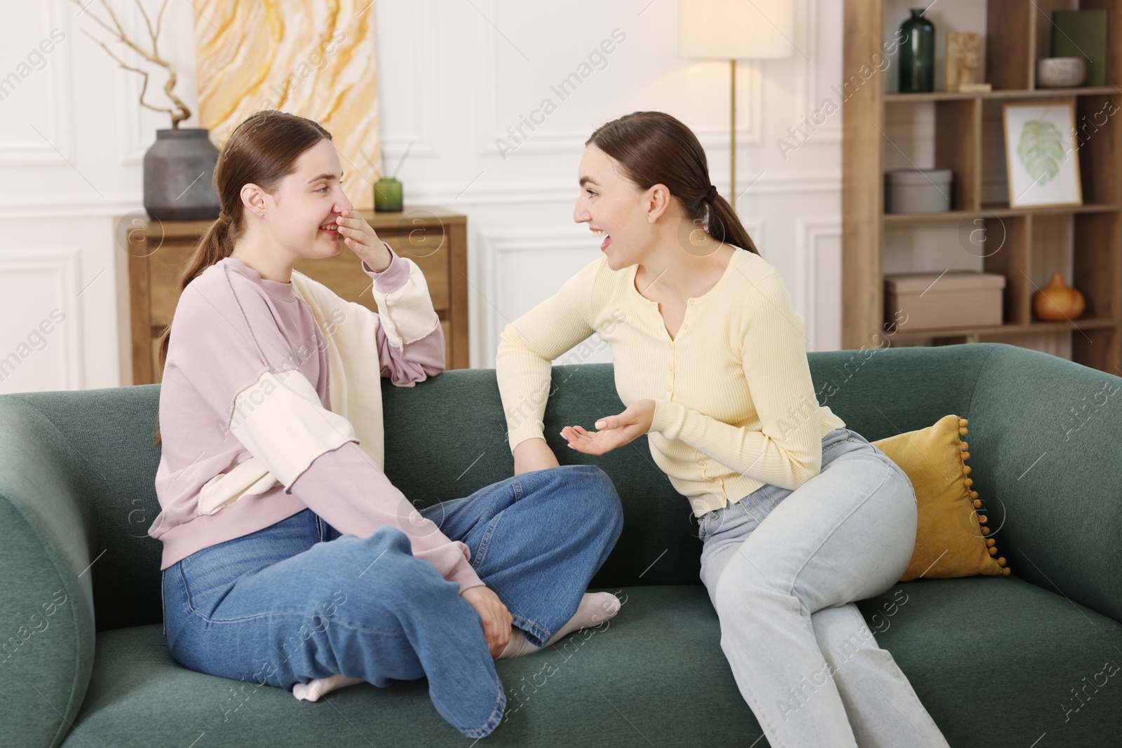 Friends laughing on sofa indoors. Positive emotion Photo of Friends laughing on sofa indoors. Positive emotion