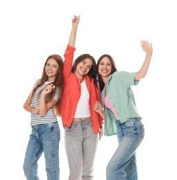 Photo of Portrait of happy friends on white background