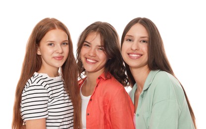 Photo of Portrait of happy friends on white background