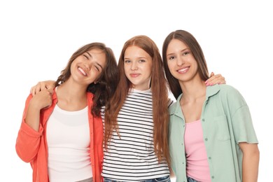Photo of Portrait of happy friends on white background
