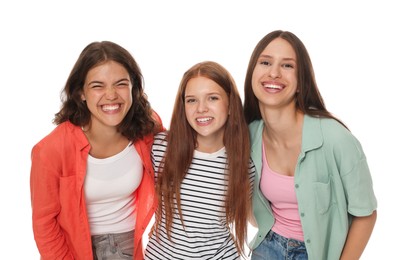 Photo of Portrait of happy friends on white background