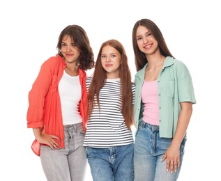 Photo of Portrait of happy friends on white background