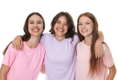 Photo of Portrait of happy friends on white background