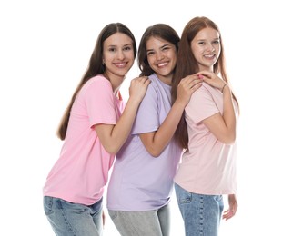 Photo of Portrait of happy friends on white background