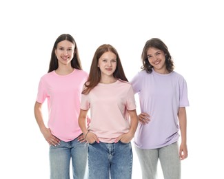 Photo of Portrait of happy friends on white background
