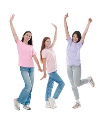 Photo of Portrait of happy friends on white background