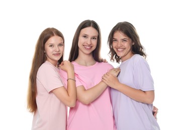 Photo of Portrait of happy friends on white background