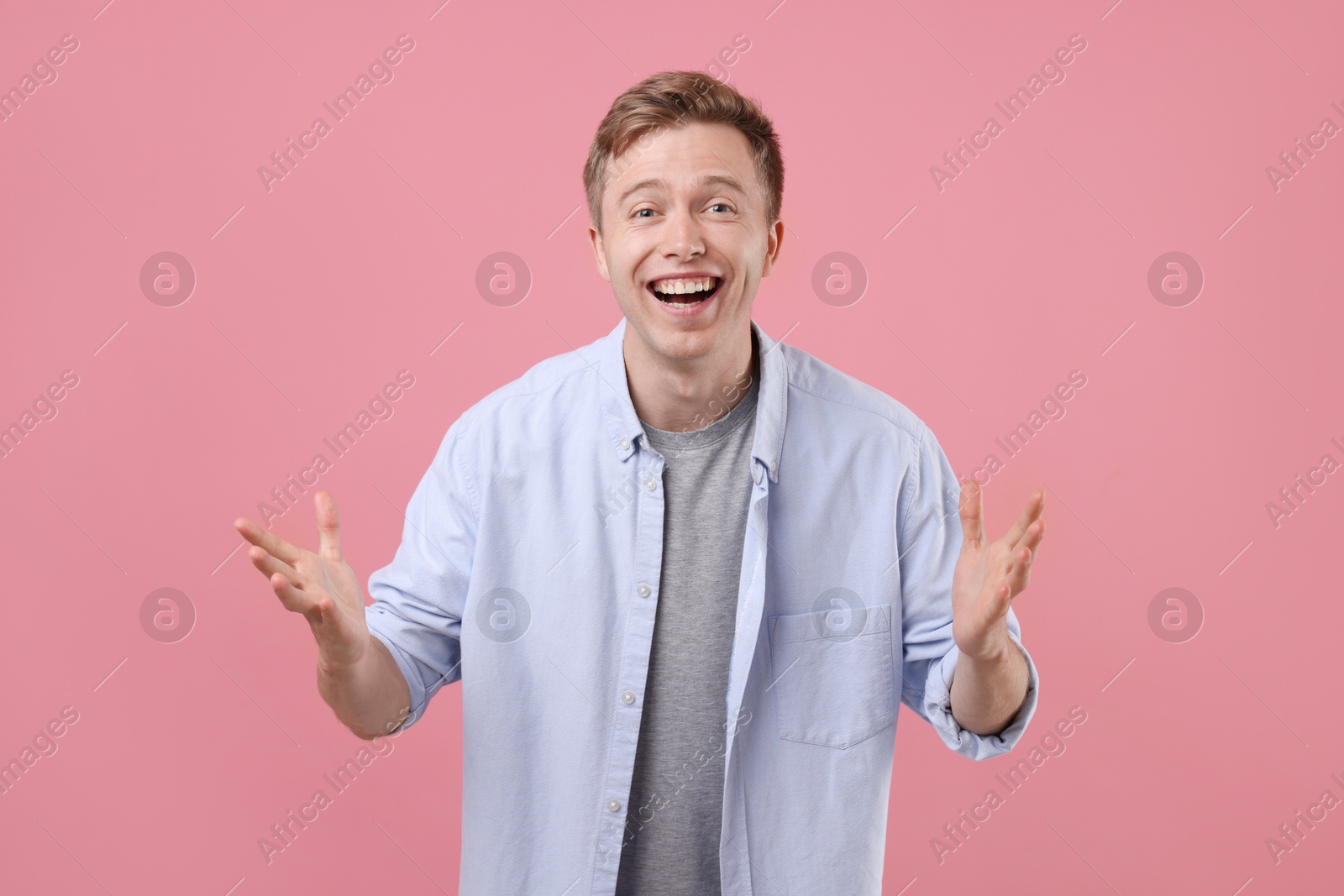 Handsome man laughing on pink background. Positive emotion Photo of Handsome man laughing on pink background. Positive emotion