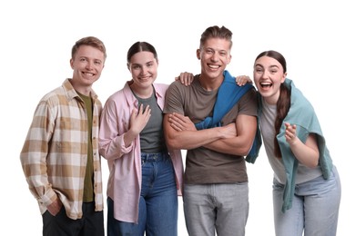 Photo of Friends laughing on white background. Positive emotion