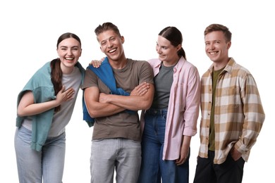 Photo of Friends laughing on white background. Positive emotion