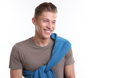 Photo of Handsome man laughing on white background. Positive emotion