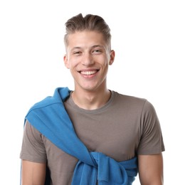 Photo of Handsome man laughing on white background. Positive emotion