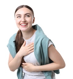 Photo of Beautiful woman laughing on white background. Positive emotion