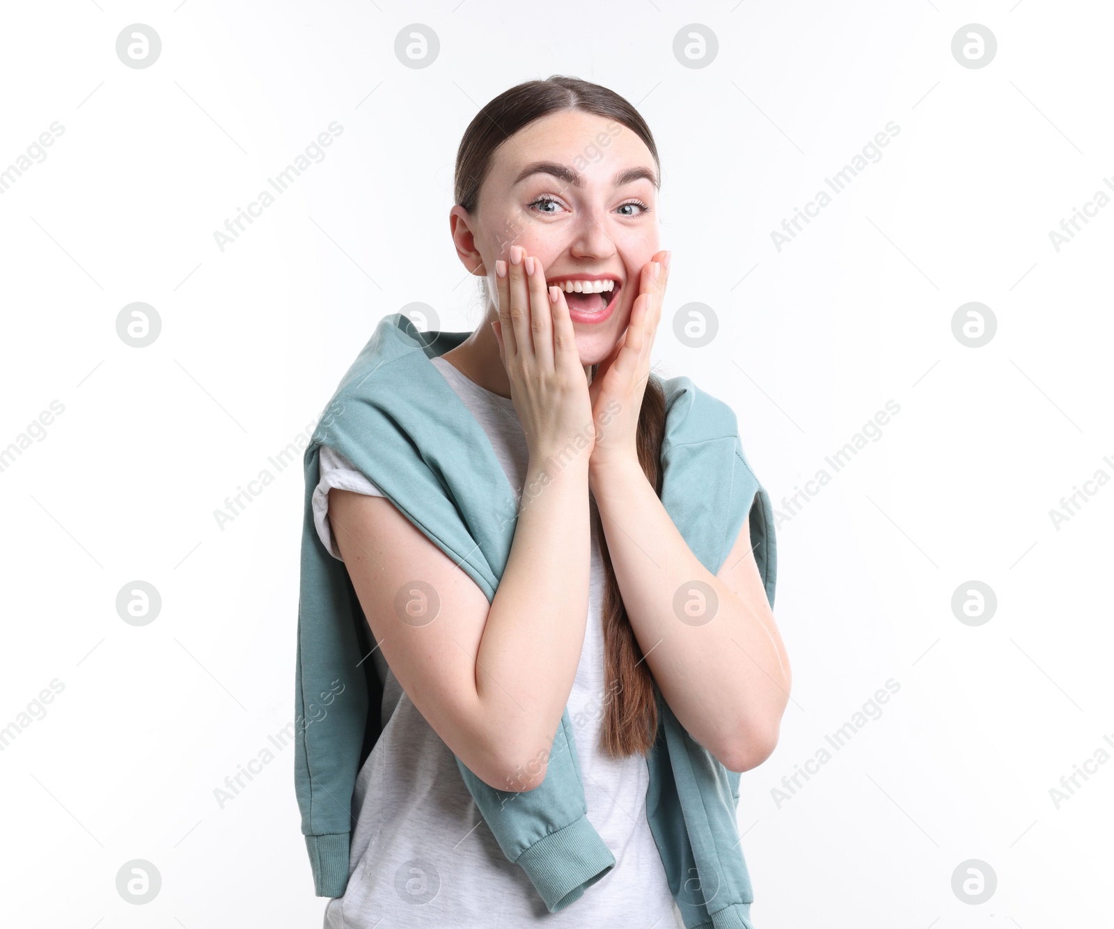 Beautiful woman laughing on white background. Positive emotion Photo of Beautiful woman laughing on white background. Positive emotion