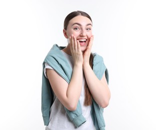 Photo of Beautiful woman laughing on white background. Positive emotion