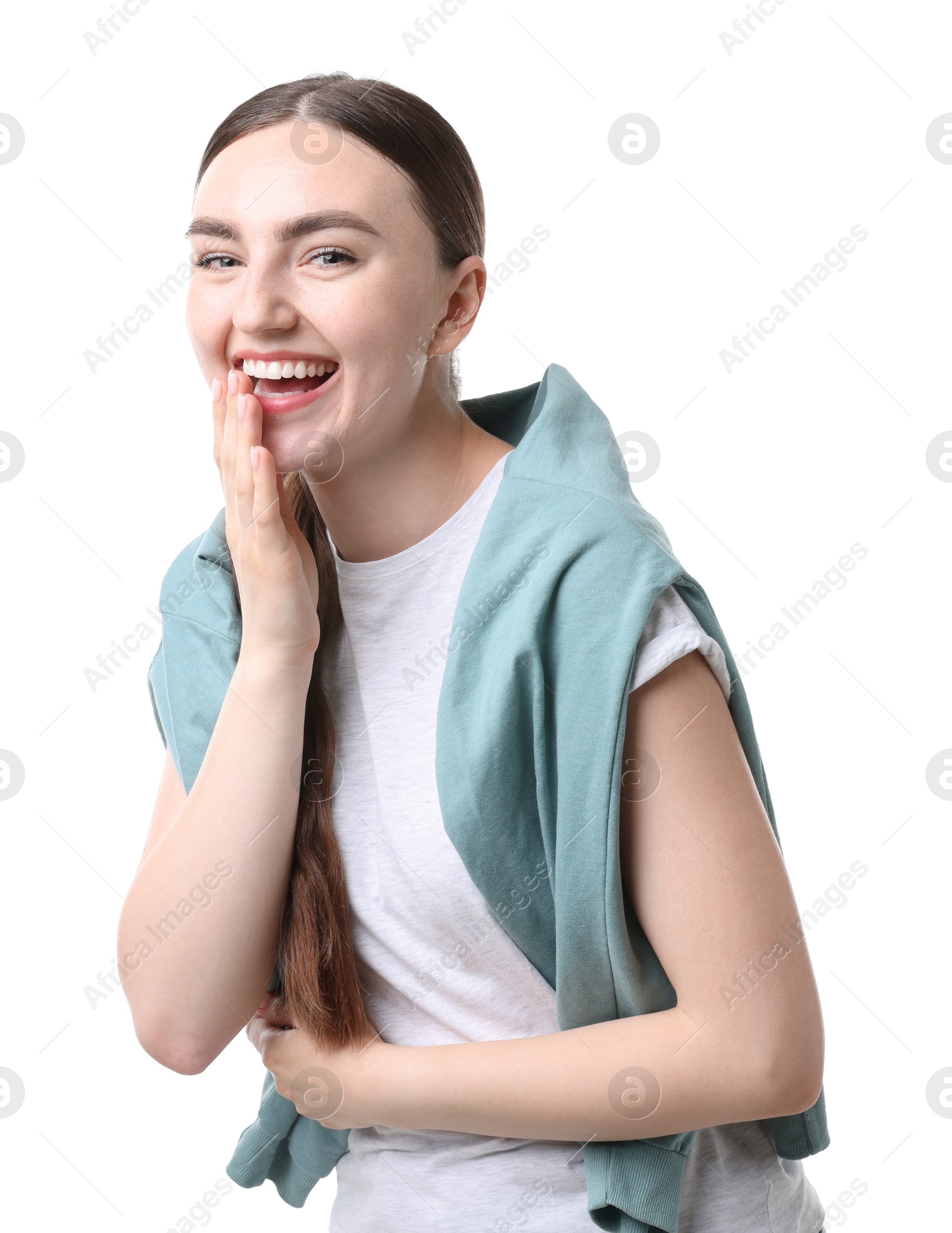 Beautiful woman laughing on white background. Positive emotion Photo of Beautiful woman laughing on white background. Positive emotion
