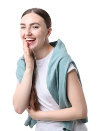 Photo of Beautiful woman laughing on white background. Positive emotion