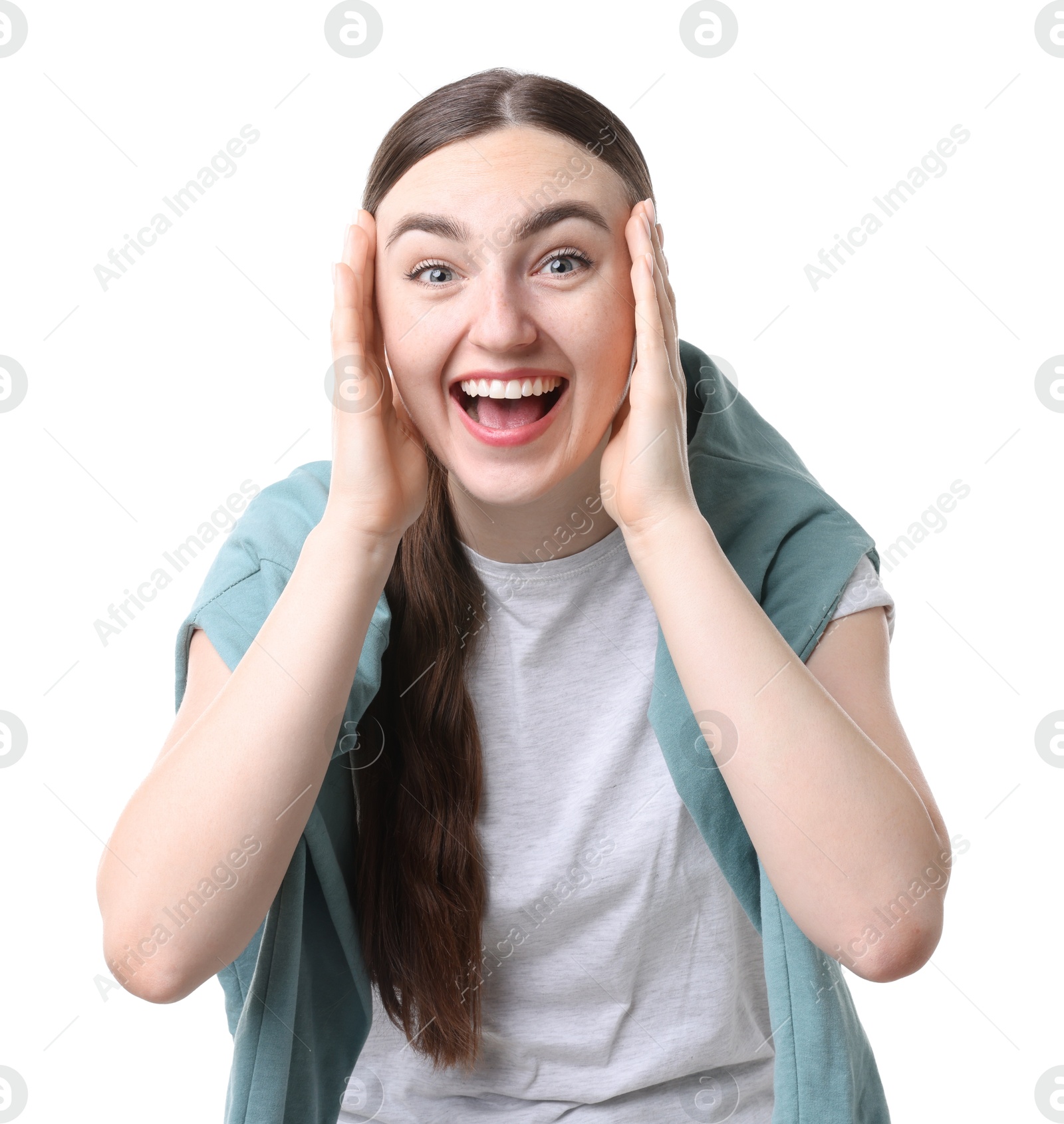 Beautiful woman laughing on white background. Positive emotion Photo of Beautiful woman laughing on white background. Positive emotion