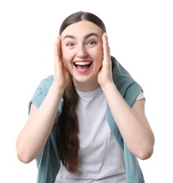 Photo of Beautiful woman laughing on white background. Positive emotion