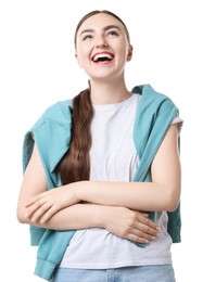 Photo of Beautiful woman laughing on white background. Positive emotion