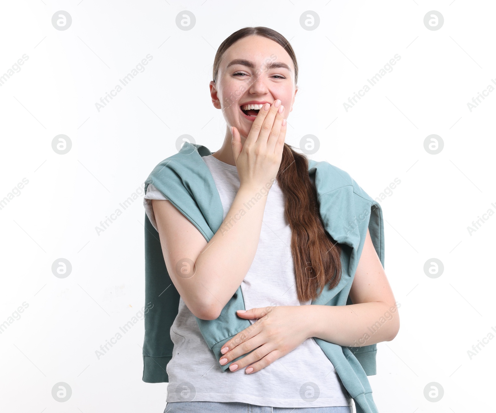 Beautiful woman laughing on white background. Positive emotion Photo of Beautiful woman laughing on white background. Positive emotion
