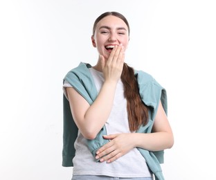 Photo of Beautiful woman laughing on white background. Positive emotion