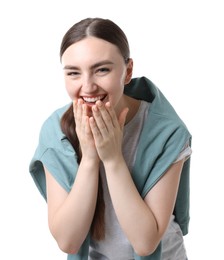 Photo of Beautiful woman laughing on white background. Positive emotion