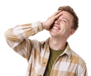 Photo of Handsome man laughing on white background. Positive emotion
