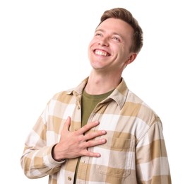 Photo of Handsome man laughing on white background. Positive emotion