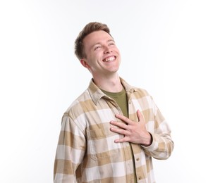 Photo of Handsome man laughing on white background. Positive emotion
