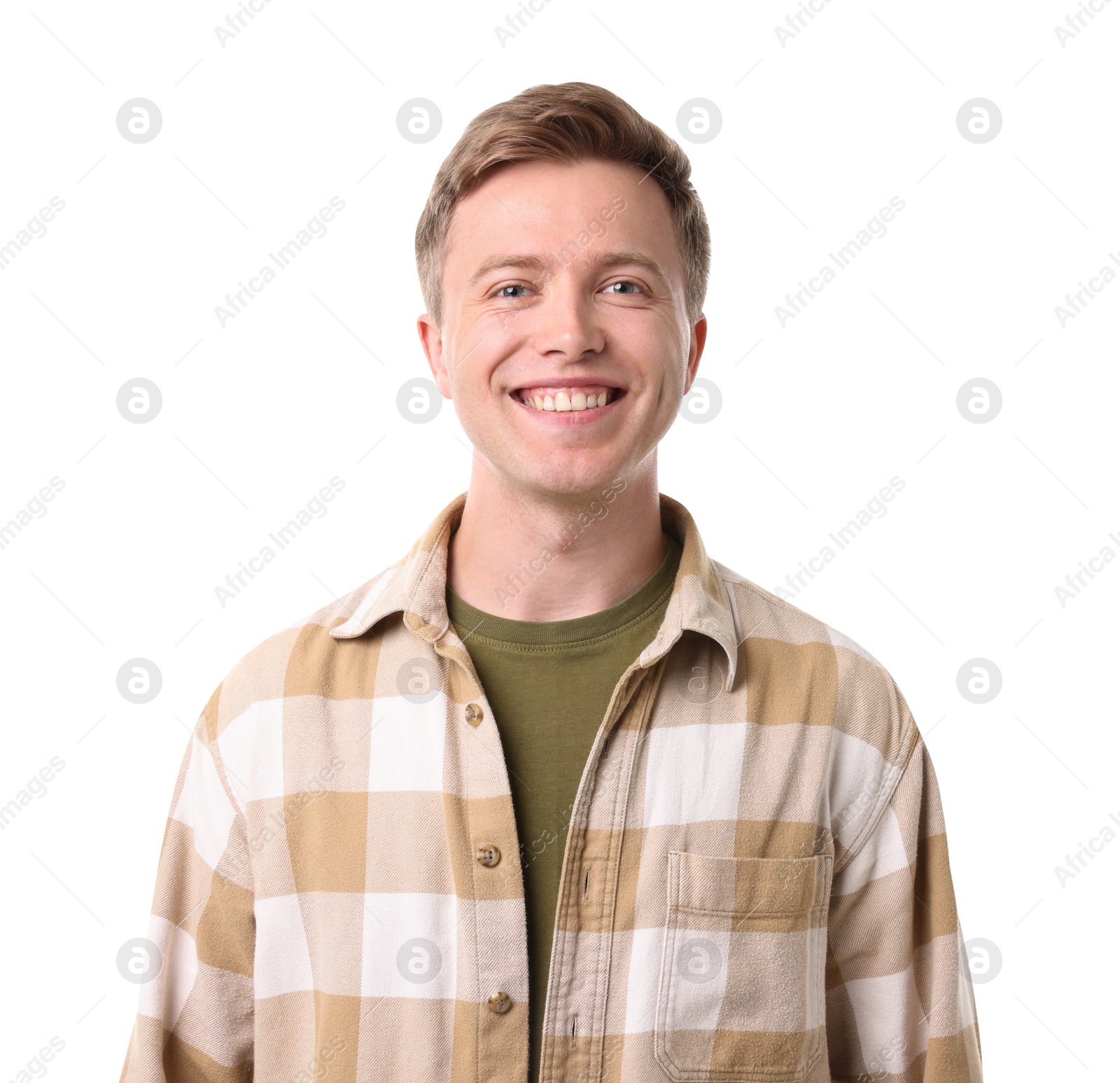 Handsome man laughing on white background. Positive emotion Photo of Handsome man laughing on white background. Positive emotion