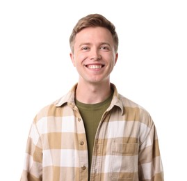 Photo of Handsome man laughing on white background. Positive emotion