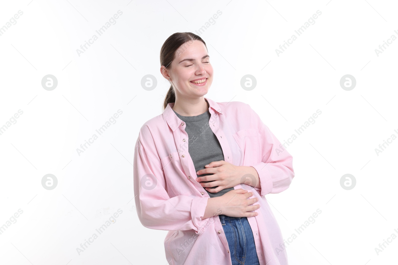 Beautiful woman laughing on white background. Positive emotion Photo of Beautiful woman laughing on white background. Positive emotion