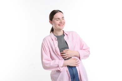 Photo of Beautiful woman laughing on white background. Positive emotion