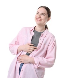 Photo of Beautiful woman laughing on white background. Positive emotion