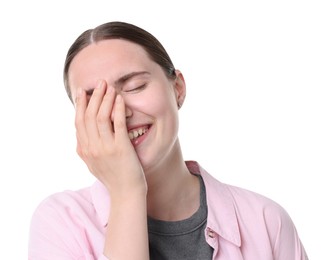 Photo of Beautiful woman laughing on white background. Positive emotion