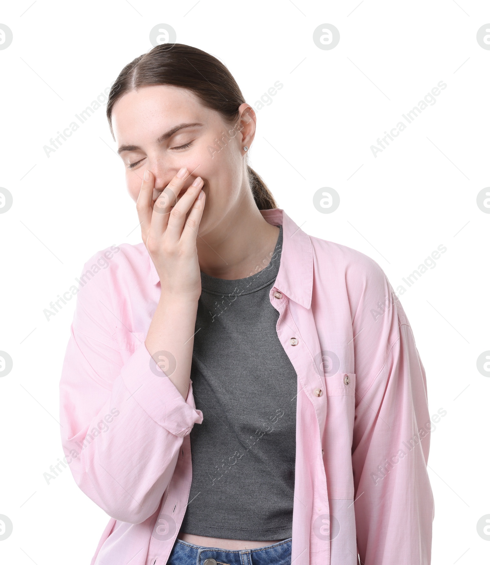 Beautiful woman laughing on white background. Positive emotion Photo of Beautiful woman laughing on white background. Positive emotion