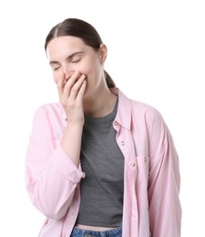 Photo of Beautiful woman laughing on white background. Positive emotion