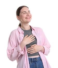 Photo of Beautiful woman laughing on white background. Positive emotion