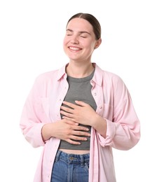 Photo of Beautiful woman laughing on white background. Positive emotion