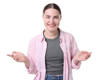 Photo of Beautiful woman laughing on white background. Positive emotion