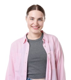 Photo of Beautiful woman laughing on white background. Positive emotion