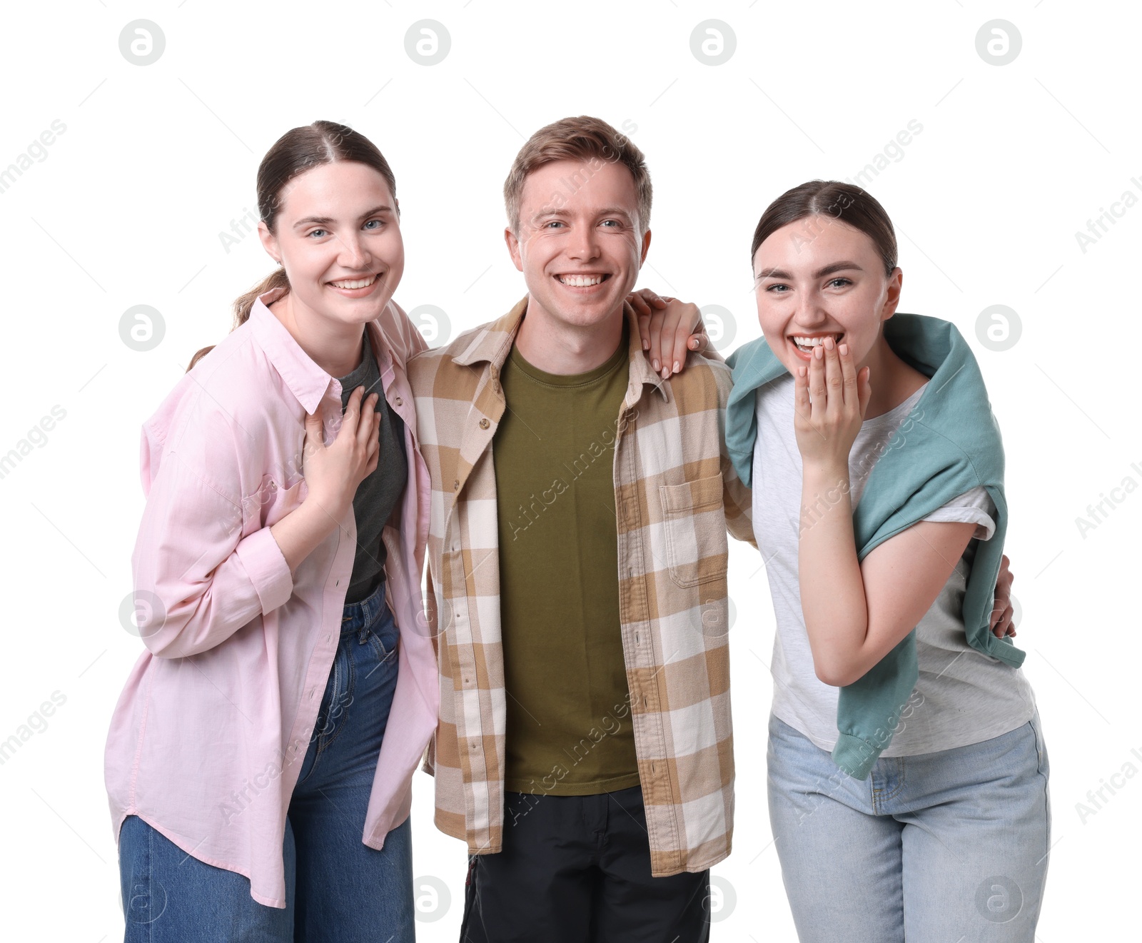 Friends laughing on white background. Positive emotion Photo of Friends laughing on white background. Positive emotion