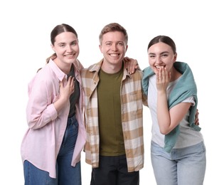 Photo of Friends laughing on white background. Positive emotion