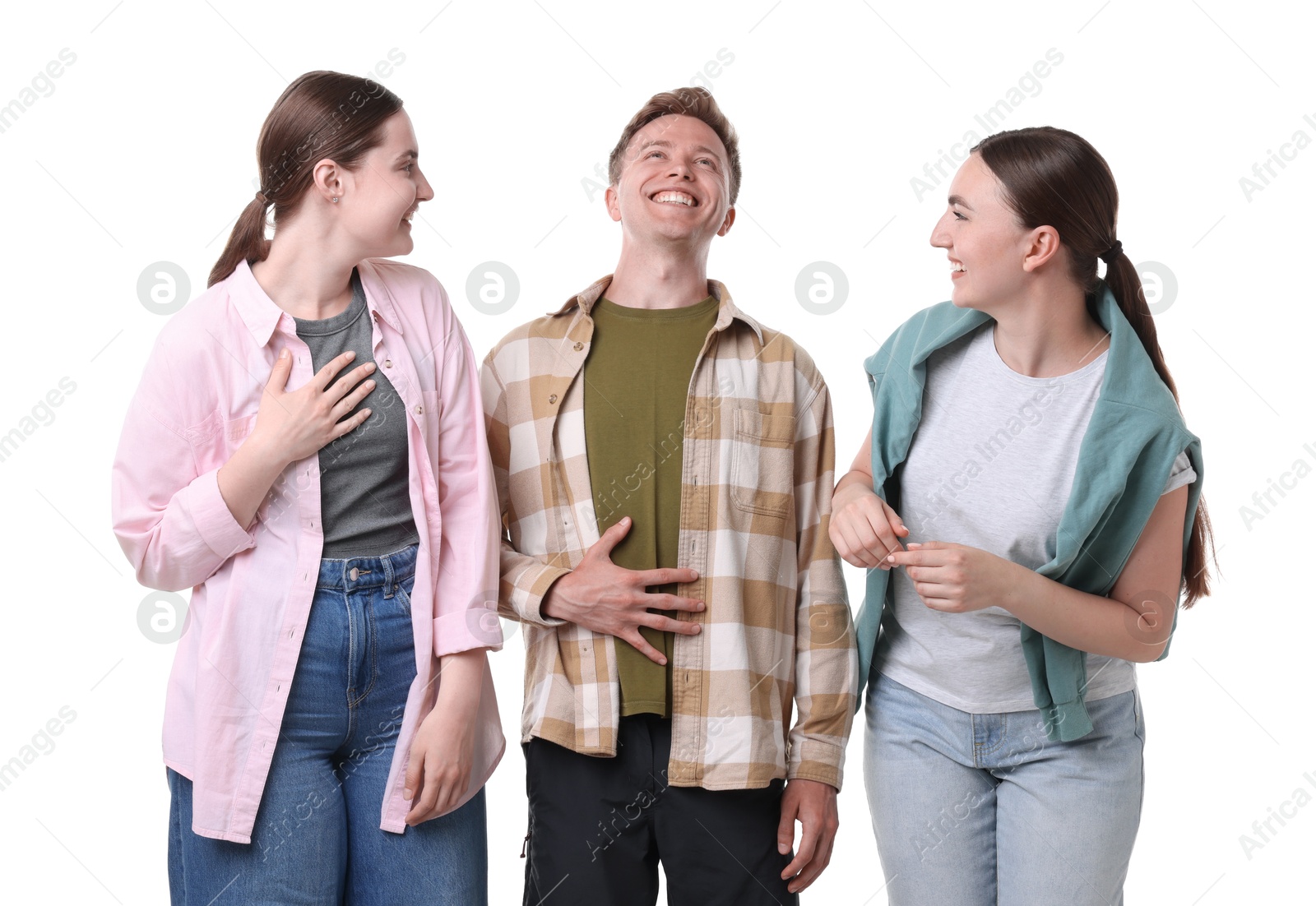 Friends laughing on white background. Positive emotion Photo of Friends laughing on white background. Positive emotion