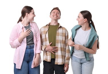 Photo of Friends laughing on white background. Positive emotion