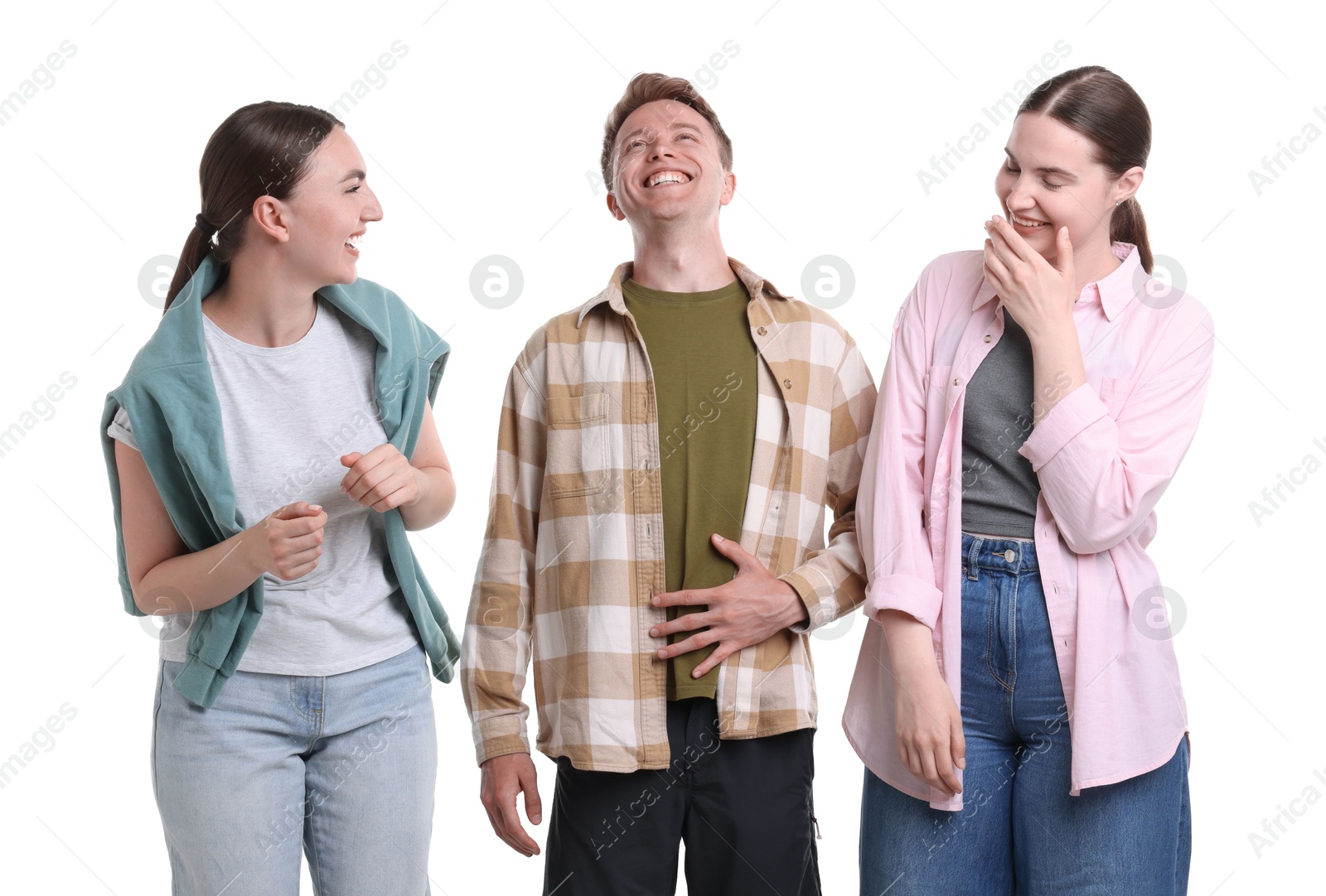Friends laughing on white background. Positive emotion Photo of Friends laughing on white background. Positive emotion