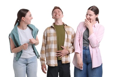 Photo of Friends laughing on white background. Positive emotion